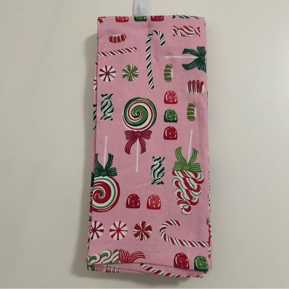 Cupcakes & Cashmere Pink Christmas Candy Cane Bow Kitchen Towels Set of 2 Cotton